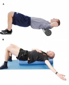 Legenda: A) upper back roll stretch B) center spine roll stretch